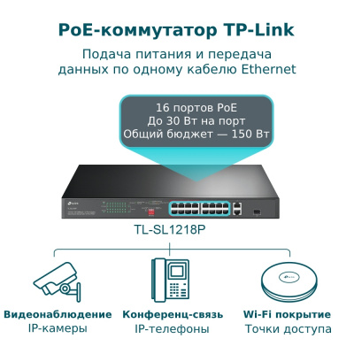 Коммутатор PoE+ 18-портовый Tp-Link TL-SL1218P