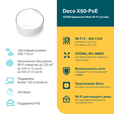 PoE Mesh Wi-Fi система GbE для помещений AX3000 Tp-Link Deco X50-PoE(1-pack) Wi-Fi 6