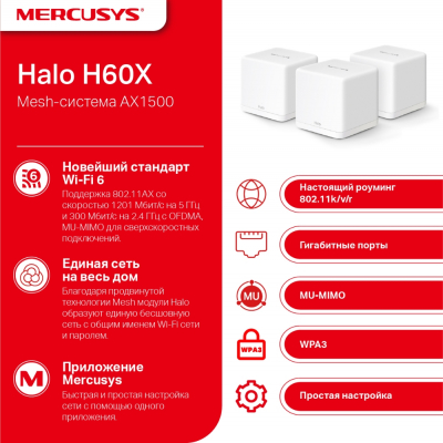 Домашняя Mesh Wi-Fi система GbE AX1500 Mercusys Halo H60X(3-pack) Wi-Fi 6