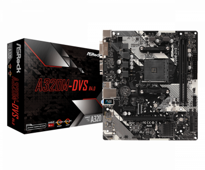 Материнская плата AM4 ASRock A320M-DVS R4.0 <2xDDR4 4xSATA3 RAID D-Sub DVI mATX>