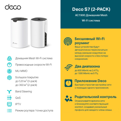 Домашняя Mesh Wi-Fi система GbE AC1900 Tp-Link Deco S7(2-Pack)