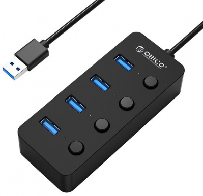 USB Хаб ORICO W9PH4-U3-V1-BK-Pro <USB3.0x4, ON/OFF включатели, BLACK>