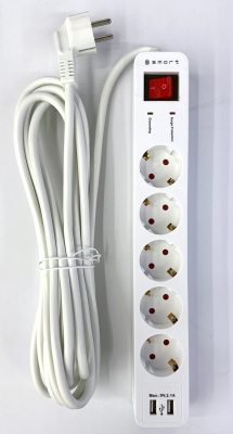 Сетевой фильтр S SMART SM-G5WU-5M ϟ <XH-GDU05K, белый, 16А, 5роз, 5м, EU, 2*USB>