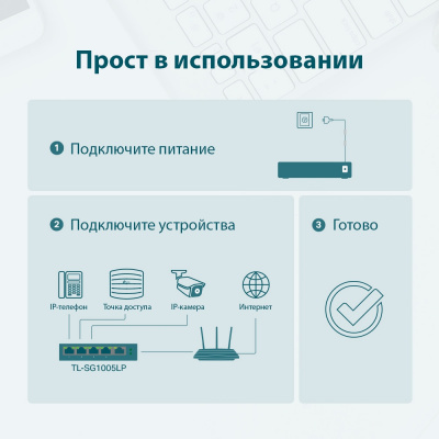 Коммутатор PoE+ GbE  5-портовый Tp-Link TL-SG1005LP Коммутатор PoE+ GbE  5-портовый Tp-Link TL-SG1005LP