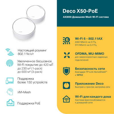 PoE Mesh Wi-Fi система GbE для помещений AX3000 Tp-Link Deco X50-PoE(2-pack) Wi-Fi 6 PoE Mesh Wi-Fi система GbE для помещений AX3000 Tp-Link Deco X50-PoE(2-pack) Wi-Fi 6