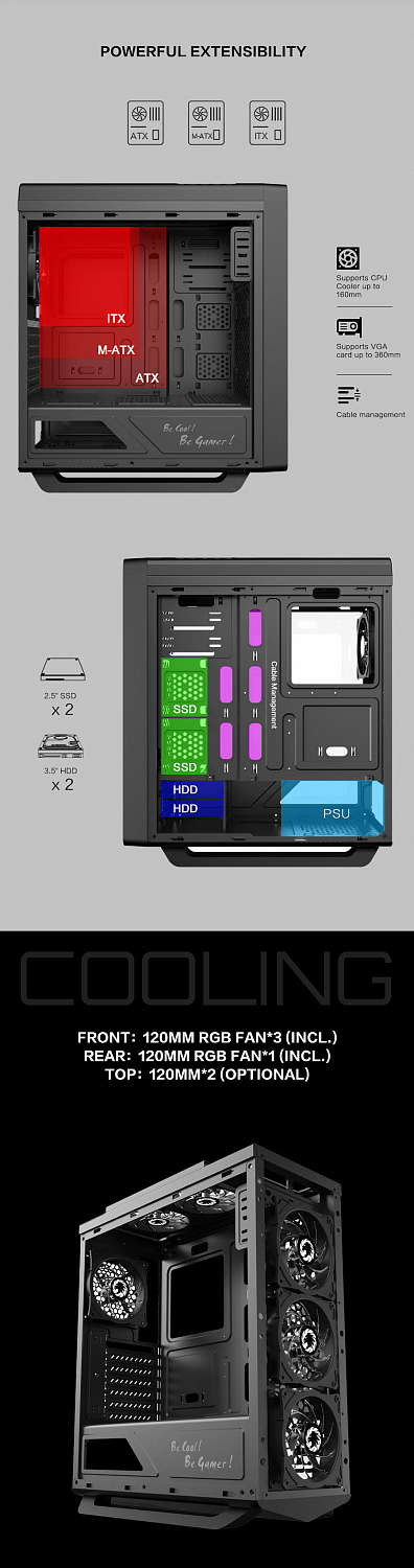 Корпус ПК без БП GameMax Asgard RGB G516<ATX, 4x120mm, USB2.0x2, USB3.0x1, HDAudio, 400x185x470mm>