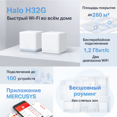 Домашняя Mesh Wi-Fi система GbE AC1200 Mercusys Halo H32G(2-pack)