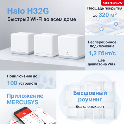 Домашняя Mesh Wi-Fi система GbE AC1200 Mercusys Halo H32G(3-pack)