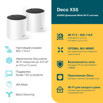 Домашняя Mesh Wi-Fi система GbE AX3000 Tp-Link Deco X55(2-pack) Wi-Fi 6