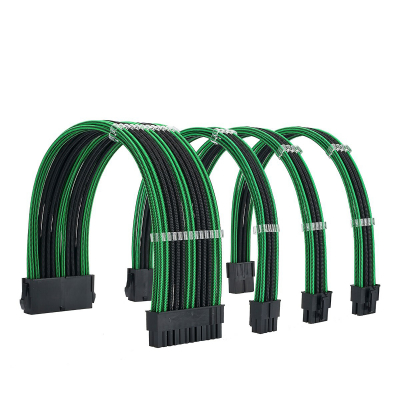 Комплект кабелей удлинителей БП + фиксатор кабеля (зеленый/черный) Комплект кабелей удлинителей БП + фиксатор кабеля (зеленый/черный)