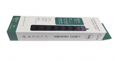 Сетевой фильтр S SMART SM-06B-3M <XH-ED06K-3M, черный, 10А, выключатель, 6роз, 3м, евро>