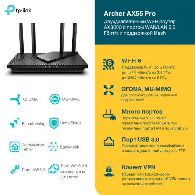 Маршрутизатор беспроводной AX3000 GbE Tp-Link Archer AX55 Pro Wi-Fi 6