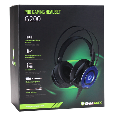 Наушники+микрофон игровые GameMax G200 Headset <20Hz-20kHz, 32 Om, 108dB (1KHz), 2.5m, 3.5 mmX2+USB>