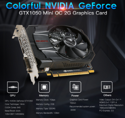 Видеокарта Colorful PCI-E NV GTX1050 Mini OC 2GB <GDDR5, 128-bit, HDMI, DVI-D, DP>