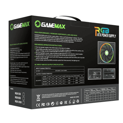 Блок питания ПК  550W GameMax RGB-550 <450W, 12cm fan, with APFC, 1x24PIN,1x12V8pin(4+4),6xSATA, МК>