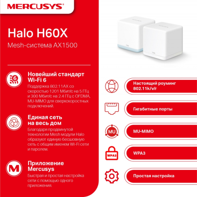 Домашняя Mesh Wi-Fi система GbE AX1500 Mercusys Halo H60X(2-pack) Wi-Fi 6