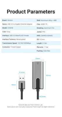 Адаптер USB Vention CEWHB <USB 3.0-A to Gigabit Ethernet Adapter Gray 0.15M Aluminum Alloy Type>