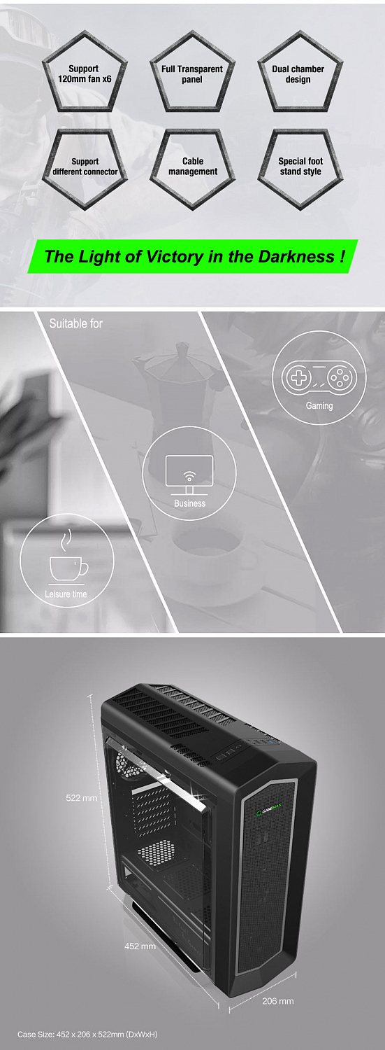 Корпус ПК без БП GameMax Asgard RGB G516<ATX, 4x120mm, USB2.0x2, USB3.0x1, HDAudio, 400x185x470mm>