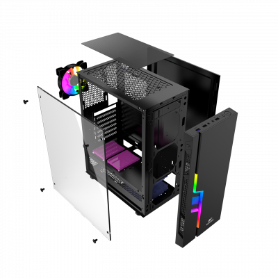 Корпус Wintek Light JX188-7-B TG, ATX/Micro ATX,USB 1*3.0/2*2.0, HD-Audio+Mic, 0,5 mm, 1*12cm fRGB 
