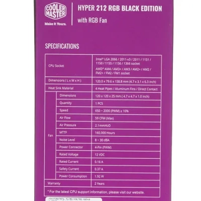 Вентилятор Cooler Master Hyper 212 RGB Black Edition <150W 4-pin, 2066/2011/1700/1366/1200/115x/AM4>
