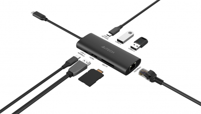 Адаптер A4tech DST-80C <100W, 1 x USB-C PD, 1 x USB-C, 4K HDMI@30Hz, 1 x TF, 1 x SD, 1 x LAN>