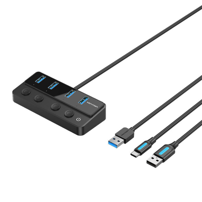 Хаб USB Vention CHWBF <USB 3.0 to USB 3.0 x4+USB C Hub With Individual Power Switches 1M Black>