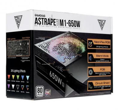 Блок питания ПК  780W GAMDIAS ASTRAPE M1-650W 80PLUS <650W, RGB, APFC,120mmFAN>