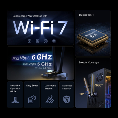 Сетевой адаптер беспроводной PCIe BE6500 Tp-Link Archer TBE400E Bluetooth 5.4 Wi-Fi 7