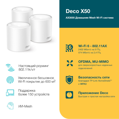 Домашняя Mesh Wi-Fi система GbE AX3000 Tp-Link Deco X50 (3-pack) Wi-Fi 6